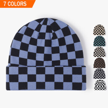Wholesale Custom Logo Embroidery Unisex Grid Pattern Beanies Hats Winter Knitted Beanies Cap for Men Women
