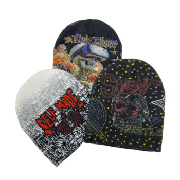 Fashion Streetwear All Over Print Graphic Sublimation Printed Jacquard No Cuff Knitted Beanies Hat Cap with Custom Logo