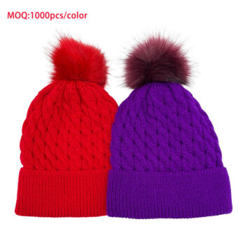 Wholesale Factory Price Winter Thick Cable Warm Knit Skull Cap with Faux Fur Pom,Pom Pom Beanie Hat for Women