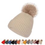 Custom Logo Knitted Beanie Cap High Quality Faux Fur Winter Hats With Pom Pom for Women Men