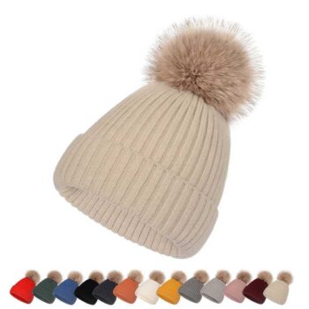 Custom Logo Knitted Beanie Cap High Quality Faux Fur Winter Hats With Pom Pom for Women Men