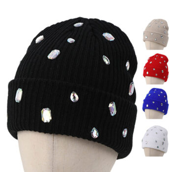 Wholesale Winter Warm Thick Knit Cap Solid Color Women Ribbed Acrylic Cuffed Rhinestones Knitted Beanie Hat