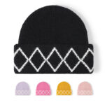 Manufacturer Custom Designer High Quality Diamond Pattern Beanie Hat Winter Luxury Imitation Rabbit Fur Running Skull Cap Beanie